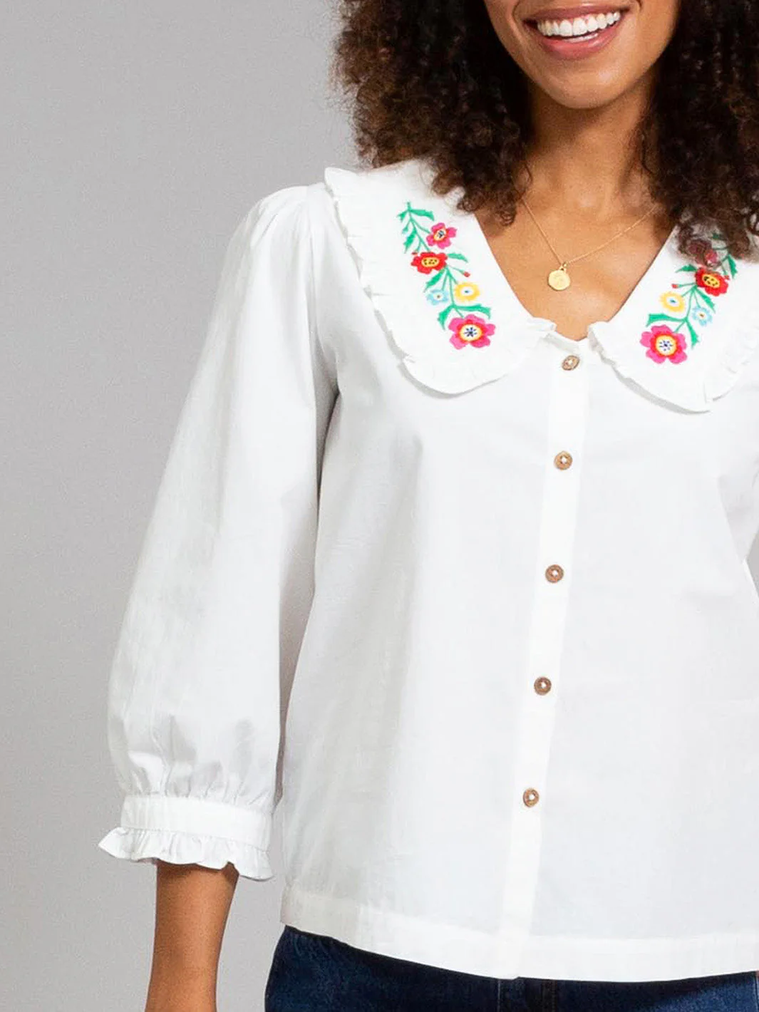 Crendell Bestickter Kragen Popelin Bluse - Image 4